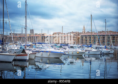 The old Vieux Port in the historical city center of Marseilles, France Stock Photo