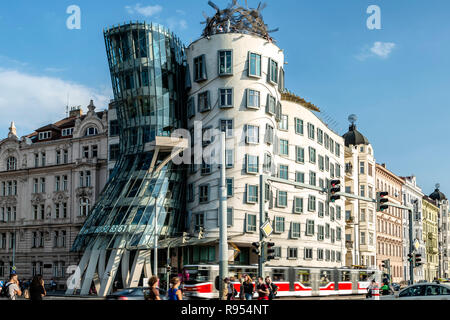 Dancing House building (by Frank Gehry) and tram, New Town, Prague, Czech Republic Stock Photo