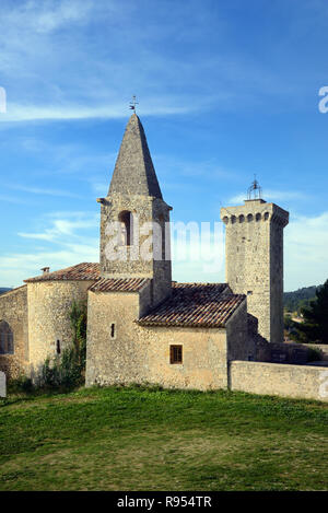 The c12th Church of Saint-Martin-de-Brômes, a Former Priory, & the Medieval Clock Tower, a former Dungeon, Alpes-de-Hautes-Provence Provence France Stock Photo