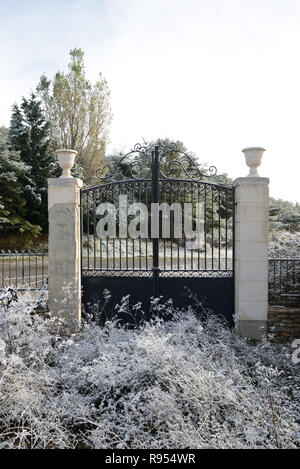 Entrance Gate & Frosty Winter Morning Stock Photo