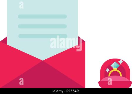 Beautiful wedding ring with precious stone in a pink gift box and envelope with a note Will you marry me on white background. Proposal concept. Stock Vector