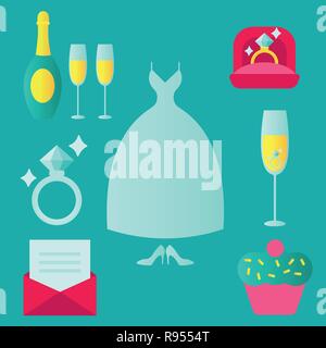 Wedding, Marriage, Engagement, Bridal Color Vector Icon Set. Valentine Day. Love, Ring in box, dessert, invitation, shoes, glasses of champagne, Rings, Cake, Chapel, Dove, Dress, Bouquet, Champagne, Invitation. Stock Vector