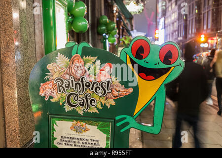 Frog on top of street menu outside a cafe Stock Photo