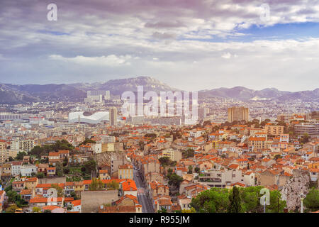 Aerial View at dawn on the Marseille City, France Stock Photo