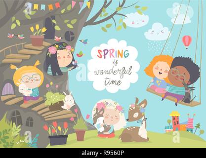 Cute cartoon children with animals in spring forest Stock Vector