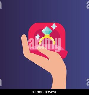 Hand holding a box with the ring. Flat design vector illustration Stock Vector