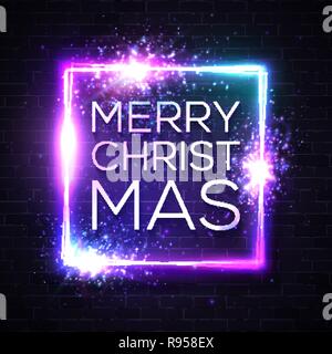 Christmas neon sign. Light vector illustration on winter holidays with star explosion firework. Luminous square frame for Christmas project greeting card poster banner flyer. Neon rectangle signboard. Stock Vector
