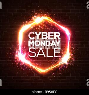 Neon sign of Cyber Monday text for decoration and covering on red brick wall background. Discount card concept of sale event. Realistic vector illustration with light explosion star firework bokeh. Stock Vector