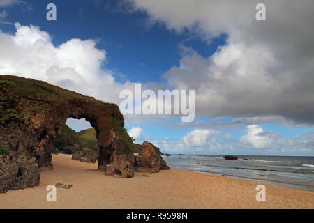 View of Morong Beach through Nakabuang Arc hin Sabtang the southernmost island of the Batanes island group the northernmost archipelago province of the Philippines situated in the Cagayan Valley region Stock Photo