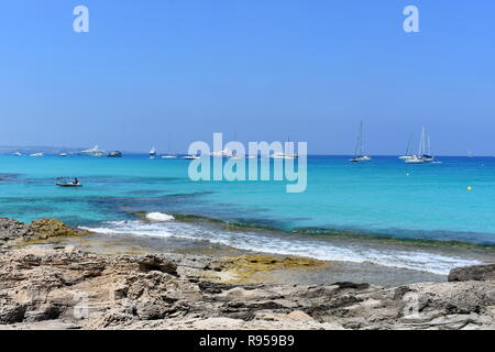 Boats anchored off Es Calo, Formentera, Balearic islands, Spain Stock Photo