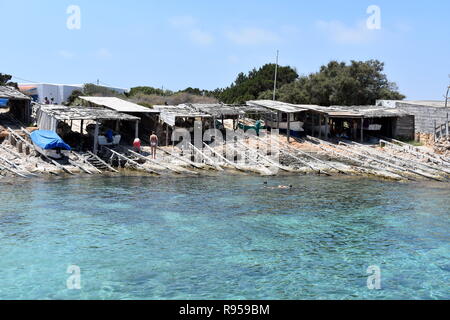 Fishermen's huts, Es Calo harbour, Formentera, Balearic islands, Spain Stock Photo