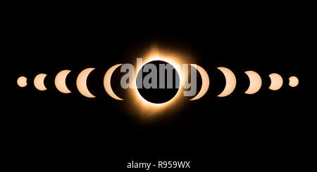 Total Solar Eclipse - solar eclipse phases stock photo, August 21, 2017, Wyoming, USA Stock Photo
