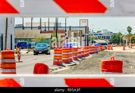 Cars travel through a maze of traffic cones on Staples Street, Aug. 23, 2018, in Corpus Christi, Texas. Stock Photo