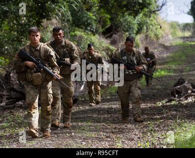 U.S. Army soldiers with the 25th Infantry Division during a timed march part of Tropic Lightning Week at Schofield Barracks December 17, 2018 in Honolulu, Hawaii. Stock Photo