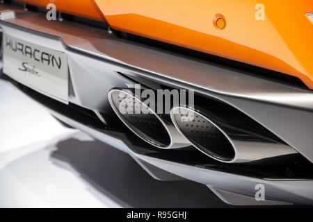 FRANKFURT, GERMANY - SEP 16, 2015: Exhaust close up of a Lamborghini Huracan Spyder sports car showcased at the Frankfurt IAA Motor Show. Stock Photo