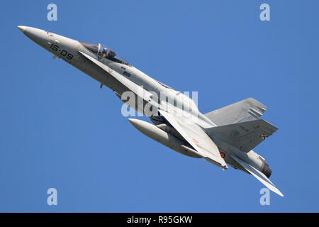 LEEUWARDEN, NETHERLANDS - APRIL 19, 2018: Spanish Air Force Boeing F/A-18 Hornet fighter jet plane taking off during the exercise Frisian Flag. Stock Photo