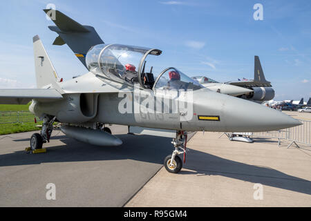 BERLIN, GERMANY - APR 27, 2018: Alenia Aermacchi M-346 Master military trainer aircraft on display at the Berlin ILA Air Show. Stock Photo