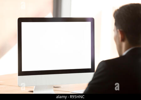 Businessman working using computer with white mockup blank scree Stock Photo