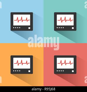 Heart rate monitor color icon with shadow on colored backgrounds. Heartbeat. Cardiogram vector illustration Stock Vector