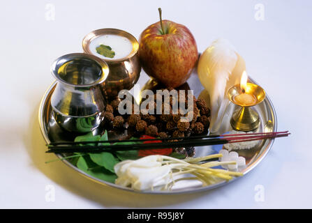 pooja thali prayers items india Stock Photo