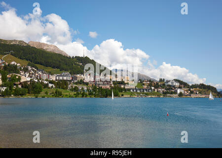 Sankt Moritz town and lake in a sunny day in Switzerland Stock Photo