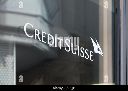 SANKT MORITZ, SWITZERLAND - AUGUST 16, 2018: Credit Suisse, swiss bank sign on window in Sankt Moritz, Switzerland Stock Photo