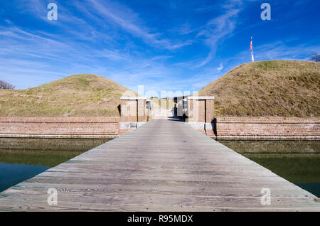 Dock leading into the Fort Pulaski National Monument, over the water moat Stock Photo