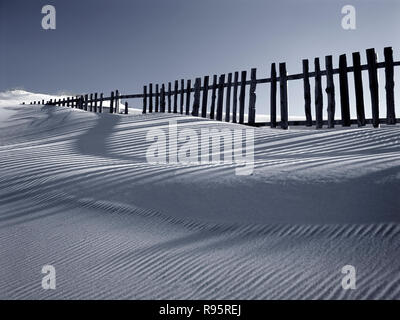 Sea sand dune with wooden fences and beautiful shadows. Toned black and white. (Analog photography. 120 film). Stock Photo