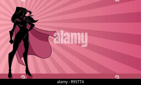 Superheroine Standing Tall Ray Light Silhouette Stock Vector