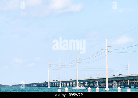 Seven Mile Bridge landscape of Florida Keys water atlantic ocean, cars on Overseas Highway US1 road, route in Marathon Stock Photo