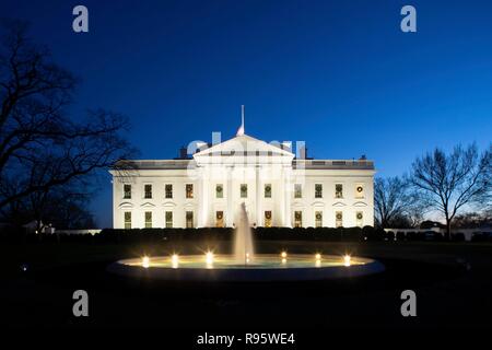 The north side of the White House decorated for Christmas and lighted at night December 12, 2018 in Washington, DC. Stock Photo