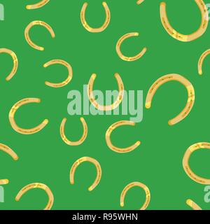 Golden horseshoes on green background - seamless vector pattern. Cartoon style. Equestrian theme backdrop or graphic design element - good luck symbol Stock Vector
