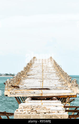 Old Seven Mile Bridge landscape of Florida Keys water atlantic ocean, Overseas Highway, abandoned railroad, nobody, damaged, damage, after hurricane Stock Photo