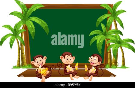 Three monkey on blackboard template illustration Stock Vector