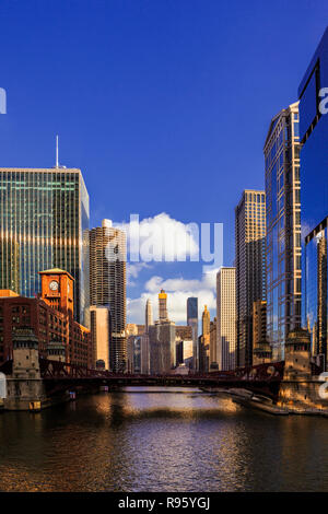Downtown Chicago view down the Chicago River at Twilight Stock Photo ...