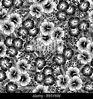 seamless pattern of hibiscus flowers and tropical leaves in black and white Stock Vector
