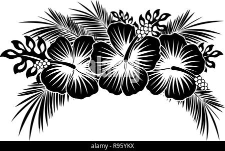 hibiscus flowers with tropical leaves in black and white Stock Vector