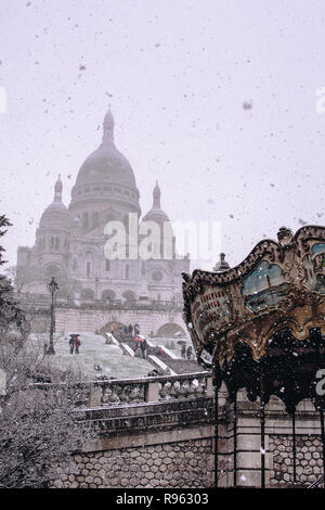 The Scare Coeur under snow in Paris Stock Photo