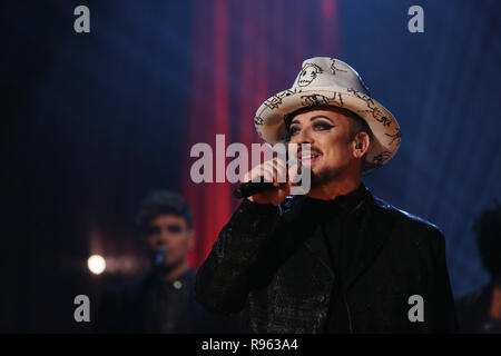 Boy George and Culture Club perform during the filming of the Graham Norton Show at BBC Studioworks 6 Television Centre, Wood Lane, London, to be aired on BBC One on Friday evening. PRESS ASSOCIATION. Issue date: Thursday December 20, 2018. Photo credit should read: PA Images on behalf of So TV Stock Photo