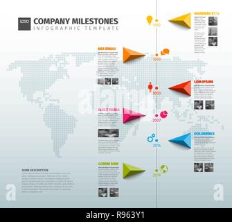 Vector Infographic Company Milestones Timeline Template with pointers on a line and world map in the background - vertical version Stock Vector