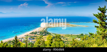 Aerial panorama of Lefkada island, coastline and Agios Ioannis, Milos Resort beach in a sunny day in Greece - Europe Stock Photo
