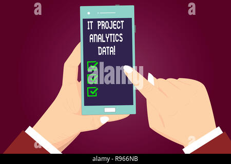 Writing note showing It Project Analytics Data. Business photo showcasing Information technologies modern applications Hu analysis Hands Holding Point Stock Photo