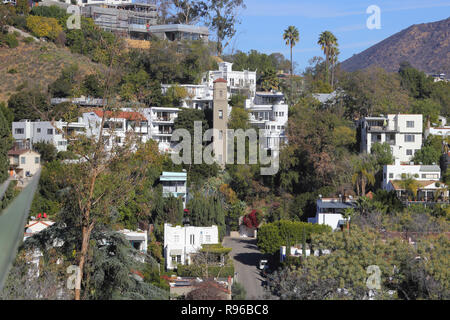 Hollywood, CA / USA - Dec. 19, 2018: In the center of the view, High Tower Elevator is shown among homes and duplex units it serves in Los Angeles. Stock Photo