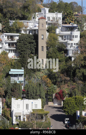 Hollywood, CA / USA - Dec. 19, 2018: High Tower Elevator, built circa 1920 by Carl Kay, is shown among homes and duplexes it serves in Los Angeles. Stock Photo