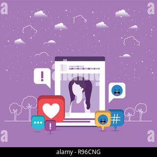 picture of woman in acount with trend set icons Stock Vector