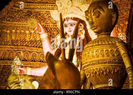 Chandannagar, West Bengal, India - November 16, 2018: Portrait of Hindu Goddess Jagadhatri Idol during Jagadhatri Puja celebration. Close up. Very wel Stock Photo
