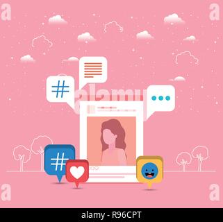 picture of woman in acount with trend set icons Stock Vector