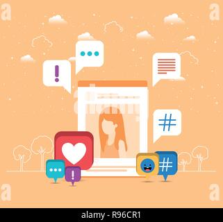 picture of woman in acount with trend set icons Stock Vector