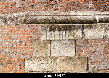 Ancient brickwork and some bigger carved stones built in the Italian style bastion called Great Rondella built in the 16th century, located in the Med Stock Photo