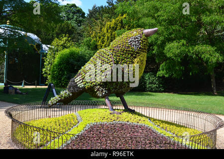Bird sculpture beside the aviaries at Waddesdon Manor, Aylesbury, Buckinghamshire. UK. Entertainment in the gardens.